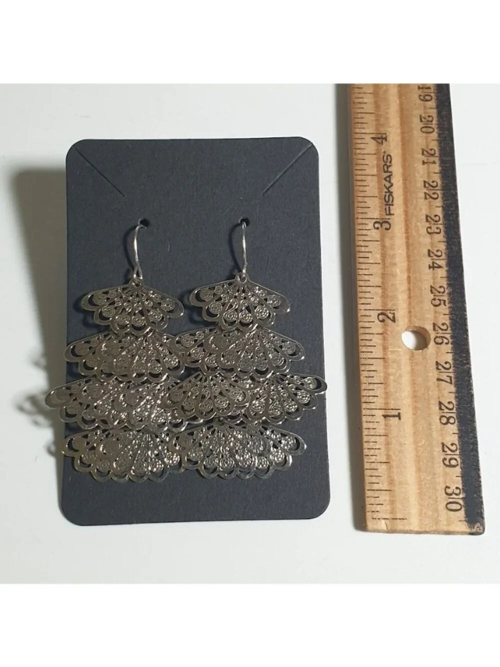 Silver Tiered Filigree Dangle Earrings Lightweight Drop Statement Jewelry Gift